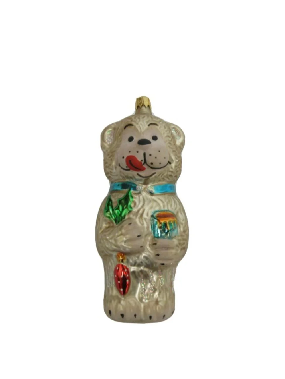 Vintage Bear Christmas Ornament Pot of Honey Holly Glass Marked Columbia